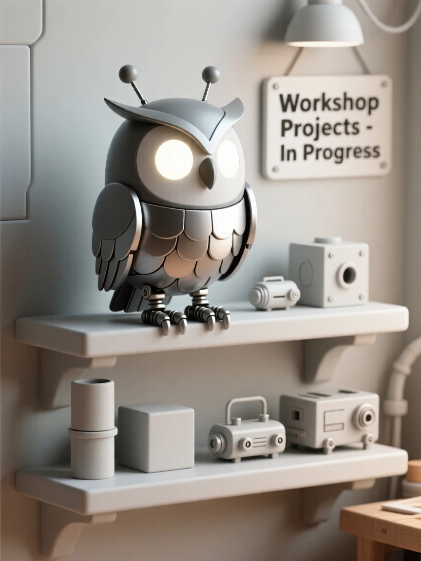 A wise robotic owl perches on a workshop shelf, glowing eyes scanning rows of half-finished inventions.