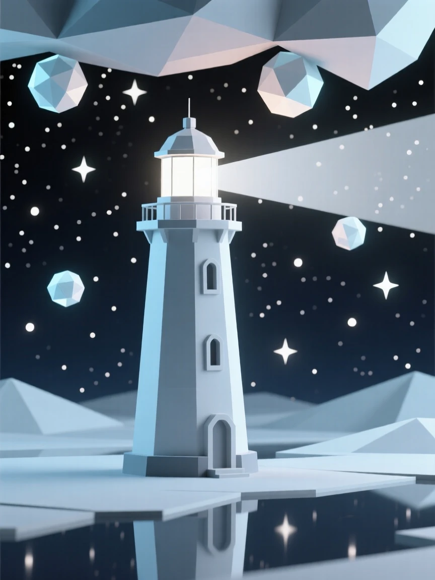 A lone lighthouse beaming light into a starry void, beneath a canopy of dreamlike floating light. reflections and light rays add a layer of visual depth. The mood feels futuristic and full of possibility.