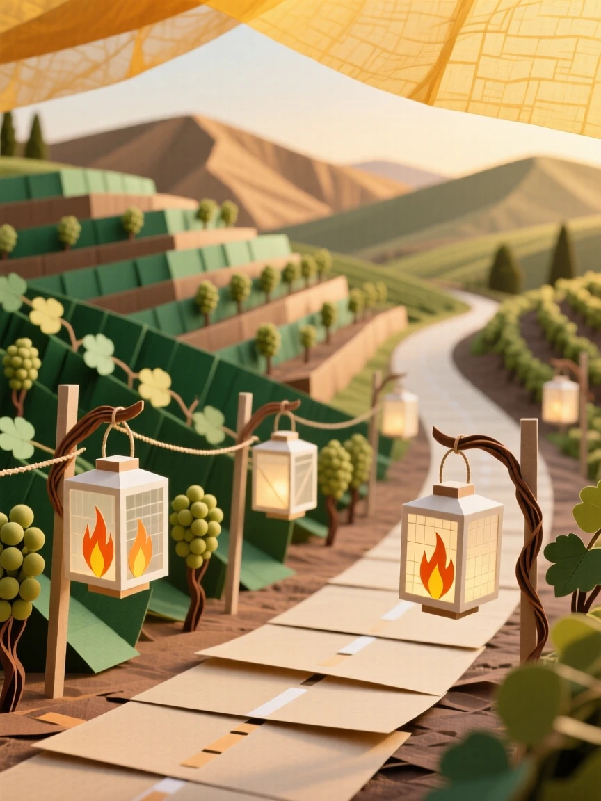 A vineyard-covered countryside road bathed in the golden light of late afternoon, with lanterns swaying gently in the breeze, evoking quiet, timeless beauty.