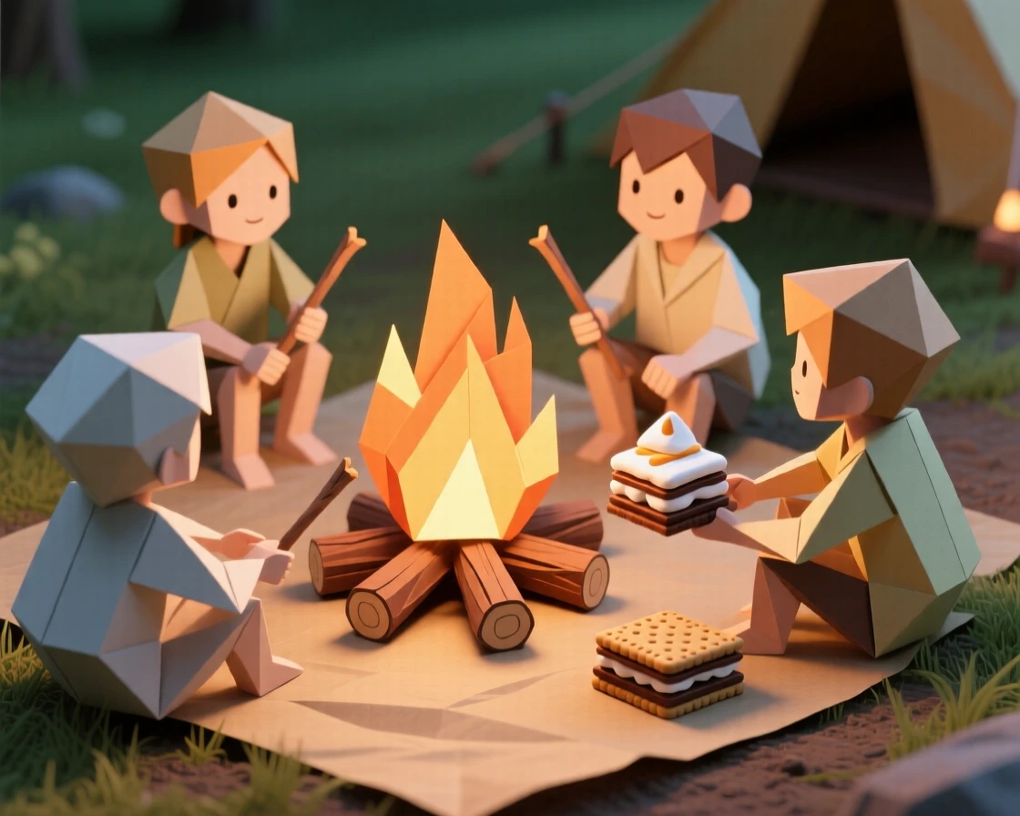 A group of children gathered around a bonfire roasting s'mores at a summer camp.