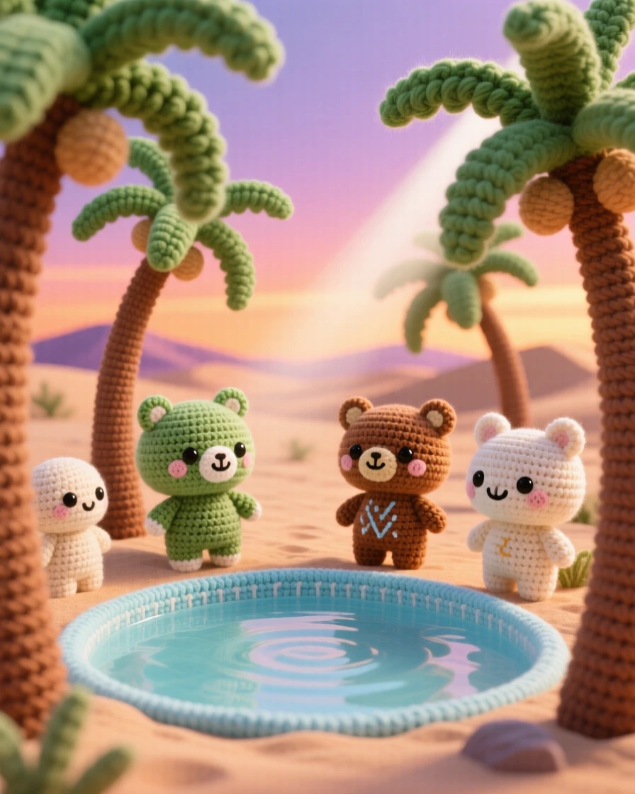 A tranquil view of a quiet desert oasis, ringed by tall date palms, with a small clear pool at its center, under a sky painted in warm sunset colors, with a soft beam of light breaking through the trees, evoking gentle awe at nature's quiet grandeur.