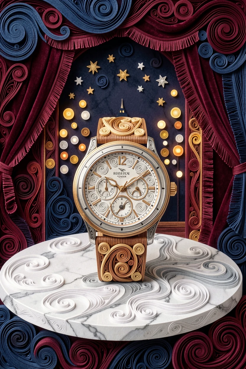 A sophisticated luxury scene of an elegant wristwatch resting on a marble surface in a plush velvet-lined boutique, with soft city lights glowing in the background, arranged with refined, minimalist negative space.