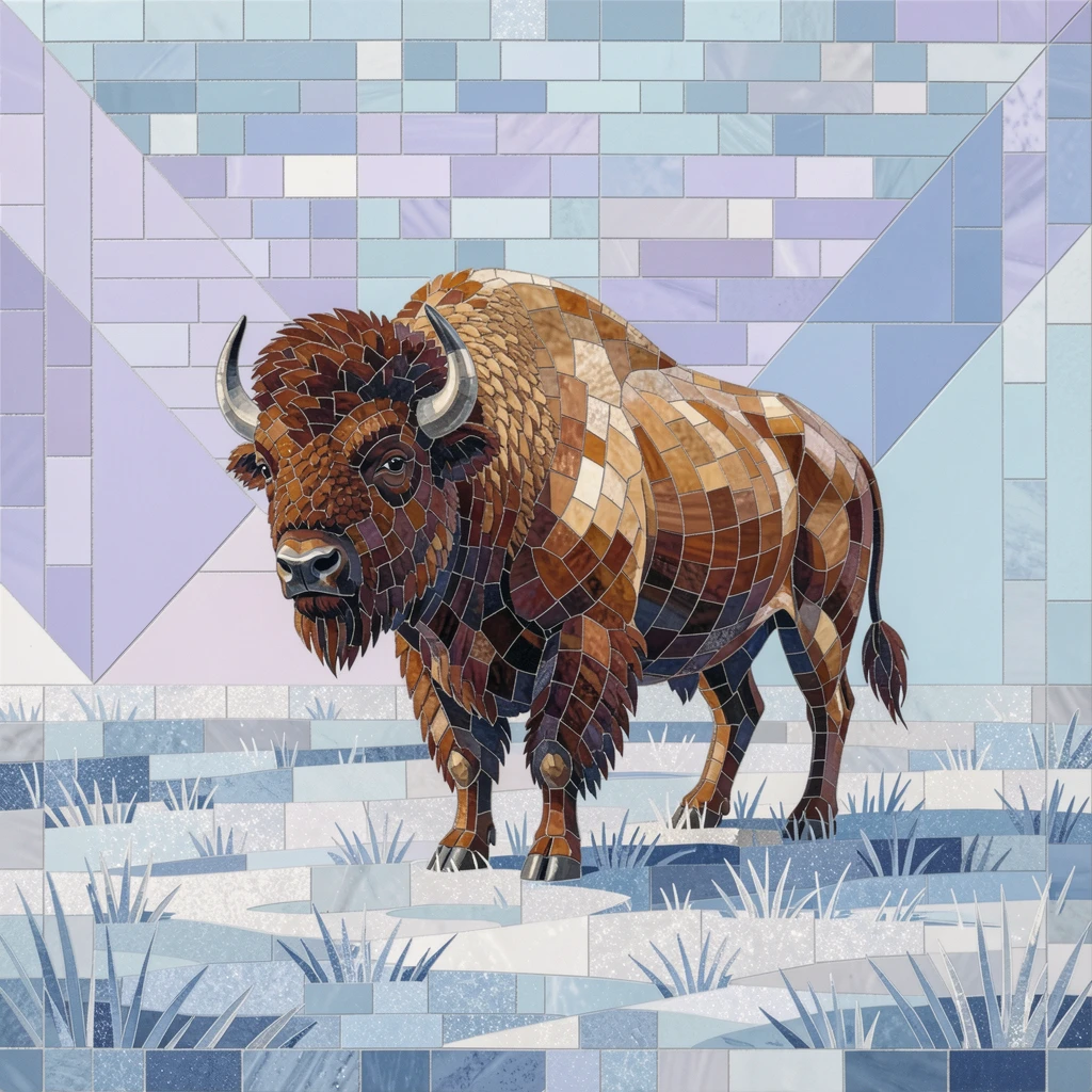A majestic bison standing alone on a frost-covered prairie.