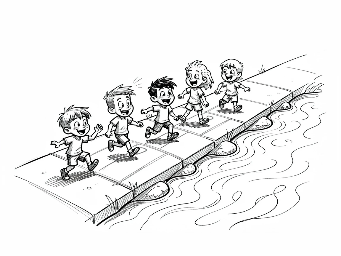 Kids playing hopscotch on a sidewalk beside a babbling creek.