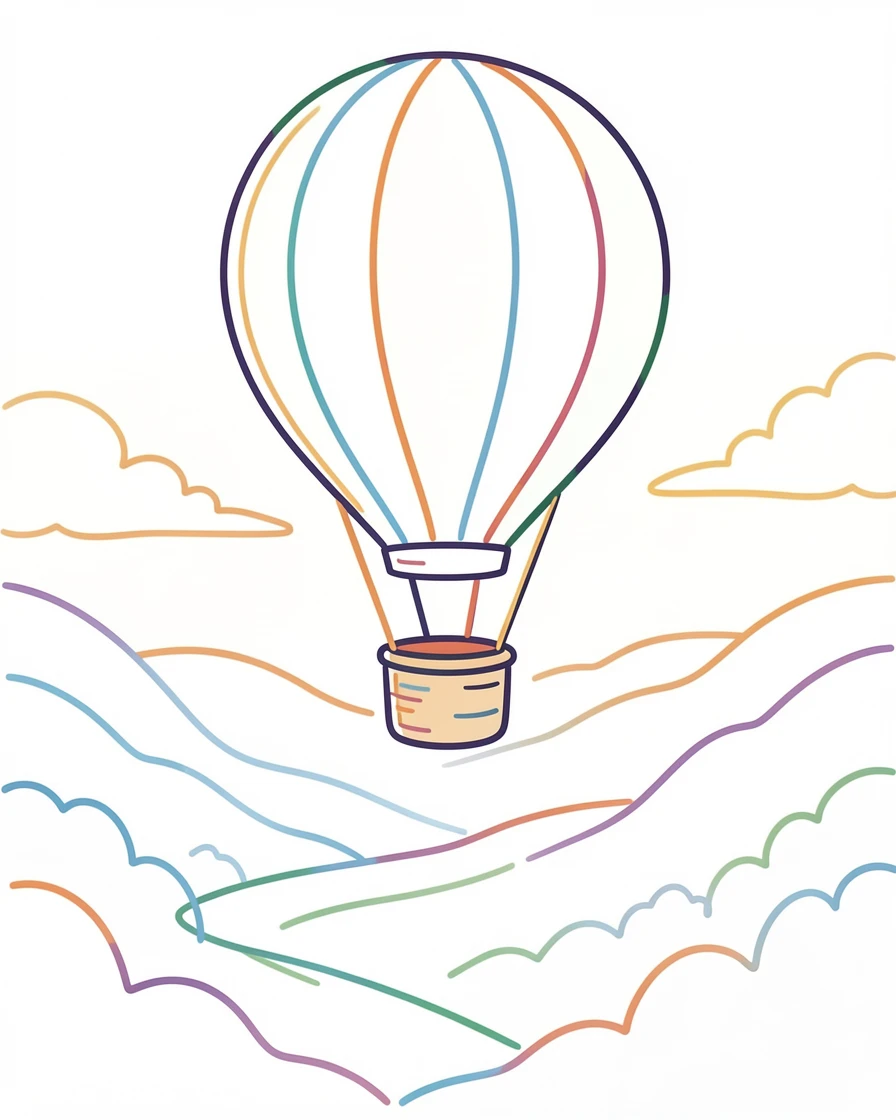 A single hot air balloon drifting silently over a misty valley at dawn.
