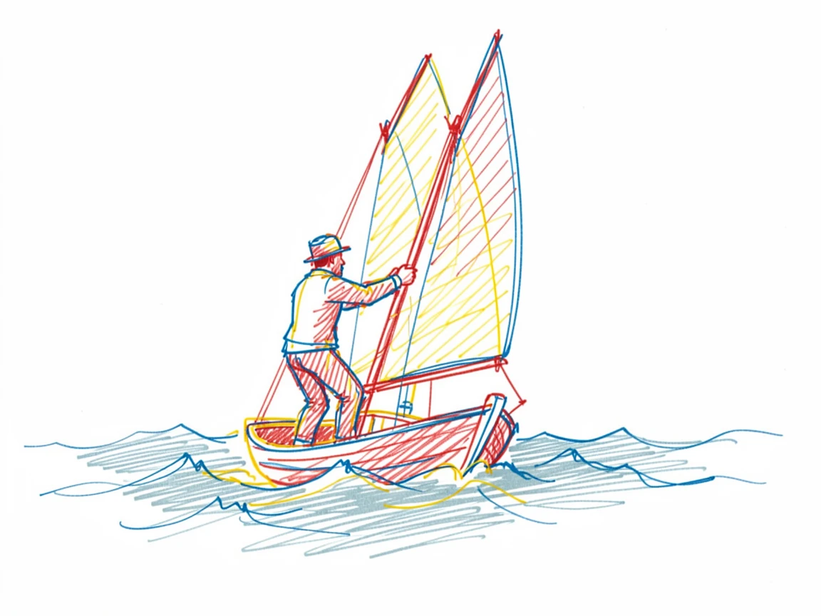 A sailor adjusting the sails of a small boat cutting through choppy water