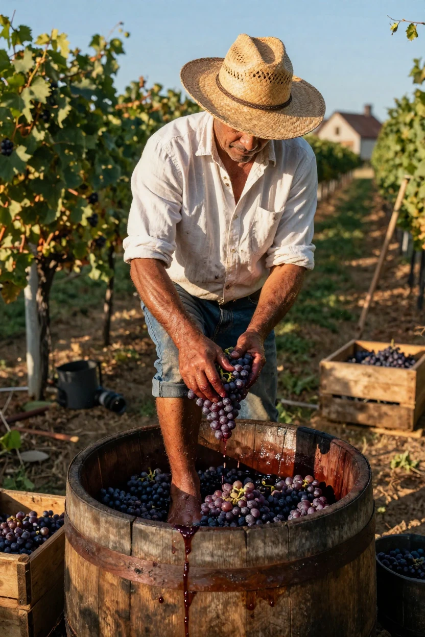 A vineyard worker crushing grapes the traditional way