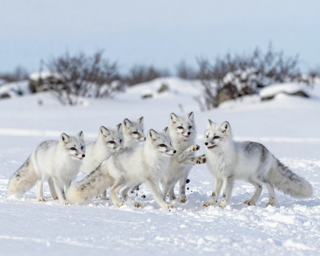 A group of arctic foxes plays together on a fresh blanket of snow.