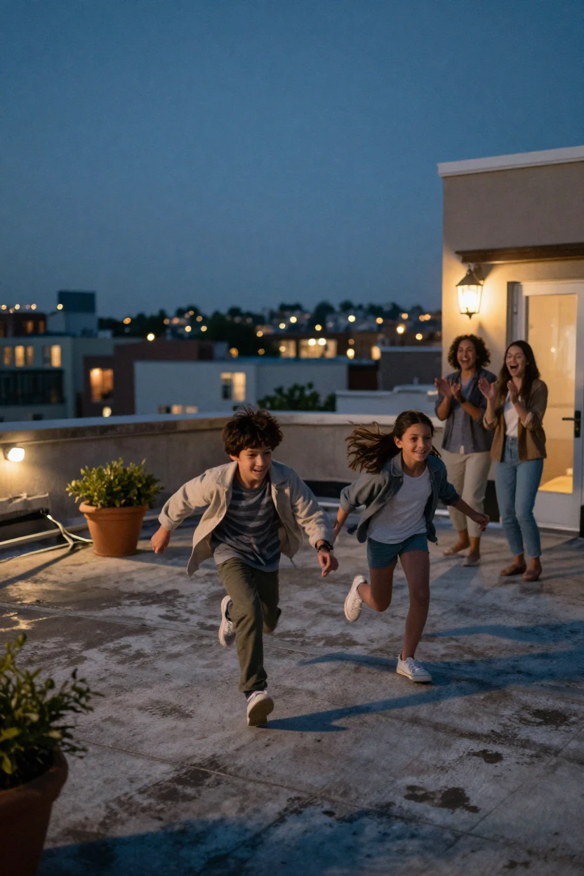 Siblings racing each other on a rooftop overlooking a sleeping city while their parents watch and cheer