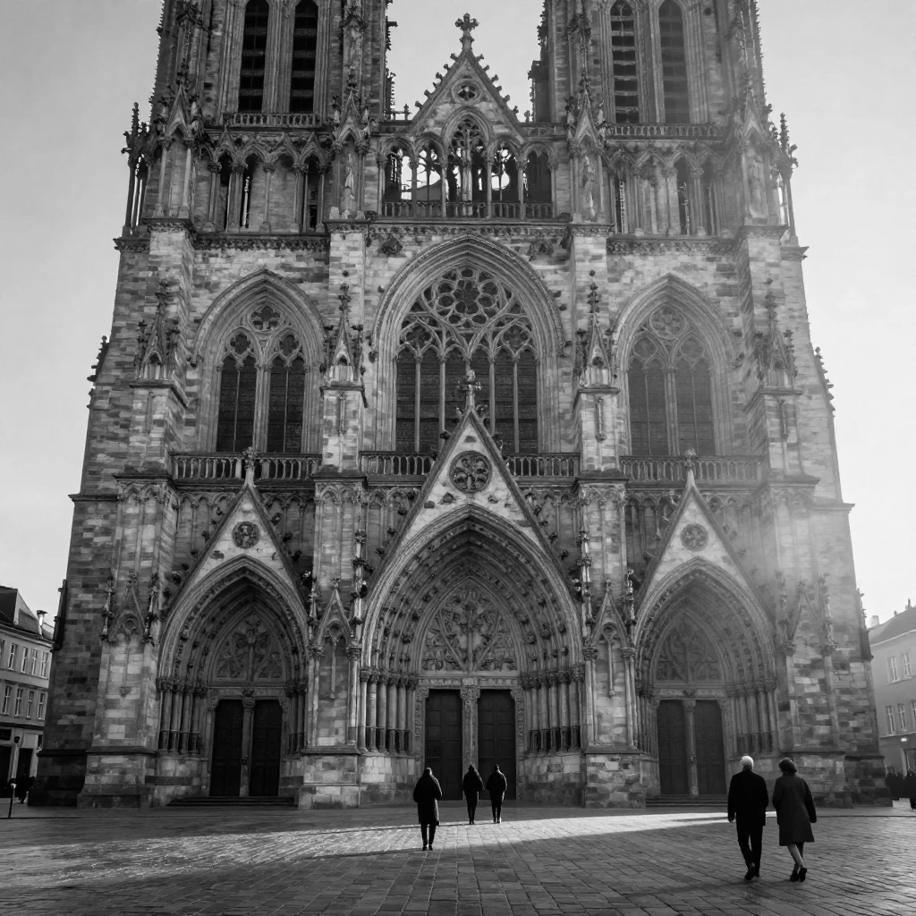 An ancient stone cathedral welcomes worshippers at dawn in the heart of an old European city.