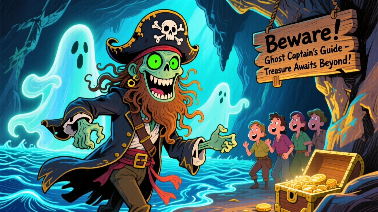 A pirate ghost captain guiding treasure hunters through a glowing sea cave.
