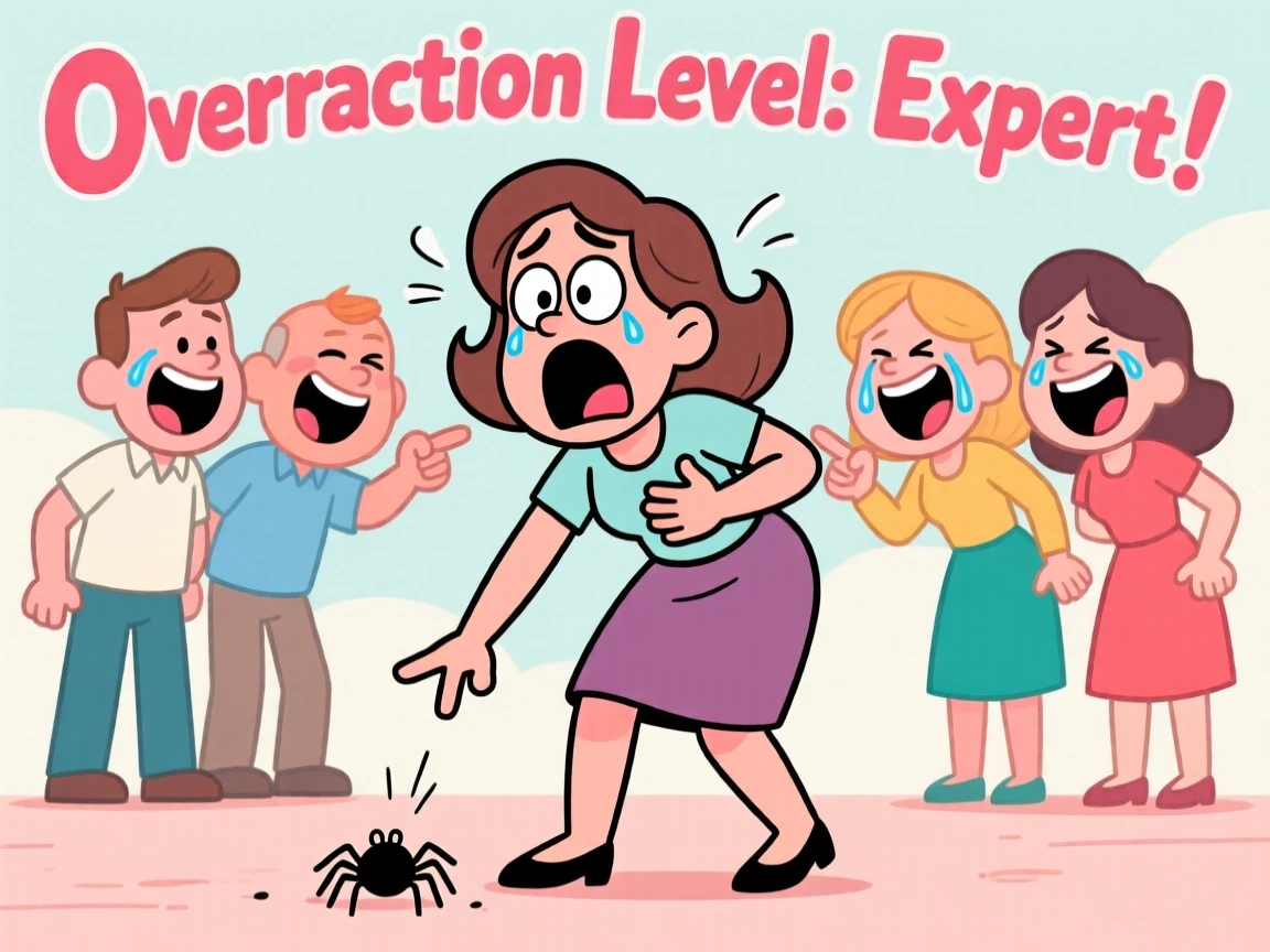 A funny expressive moment showing a woman overreacting dramatically to a tiny spider, as everyone around them bursts into laughter.