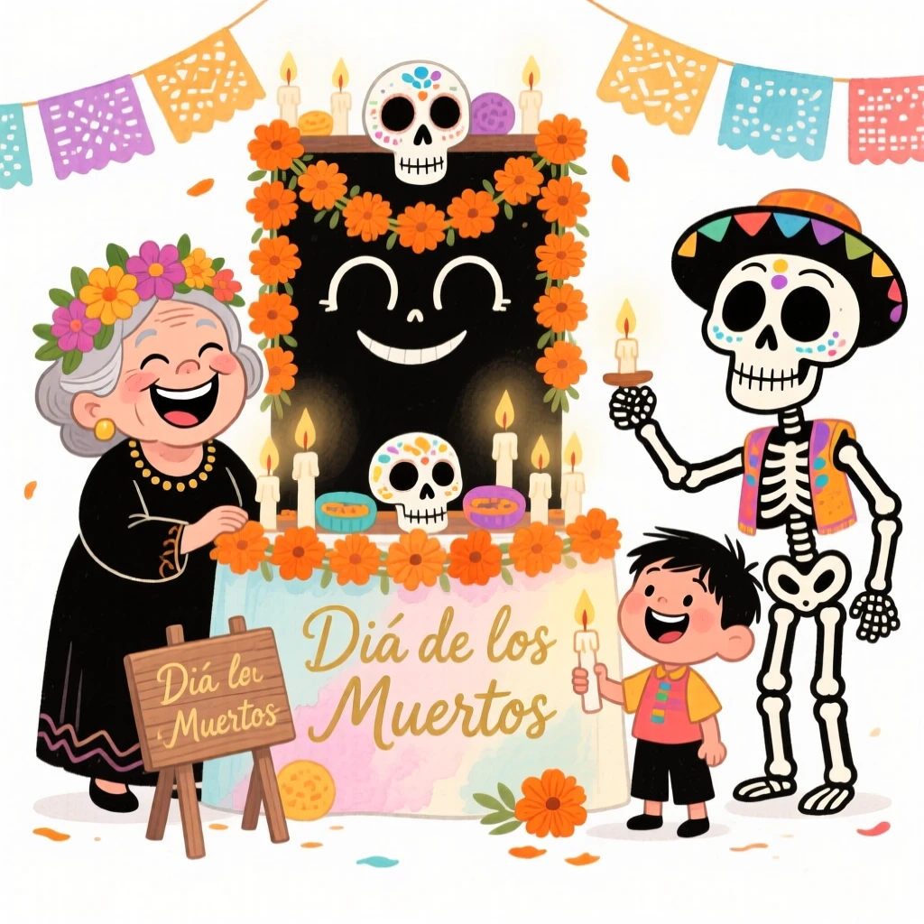 A joyful celebration scene of a Day of the Dead altar decorated with marigolds and candles, sparkling with celebratory energy