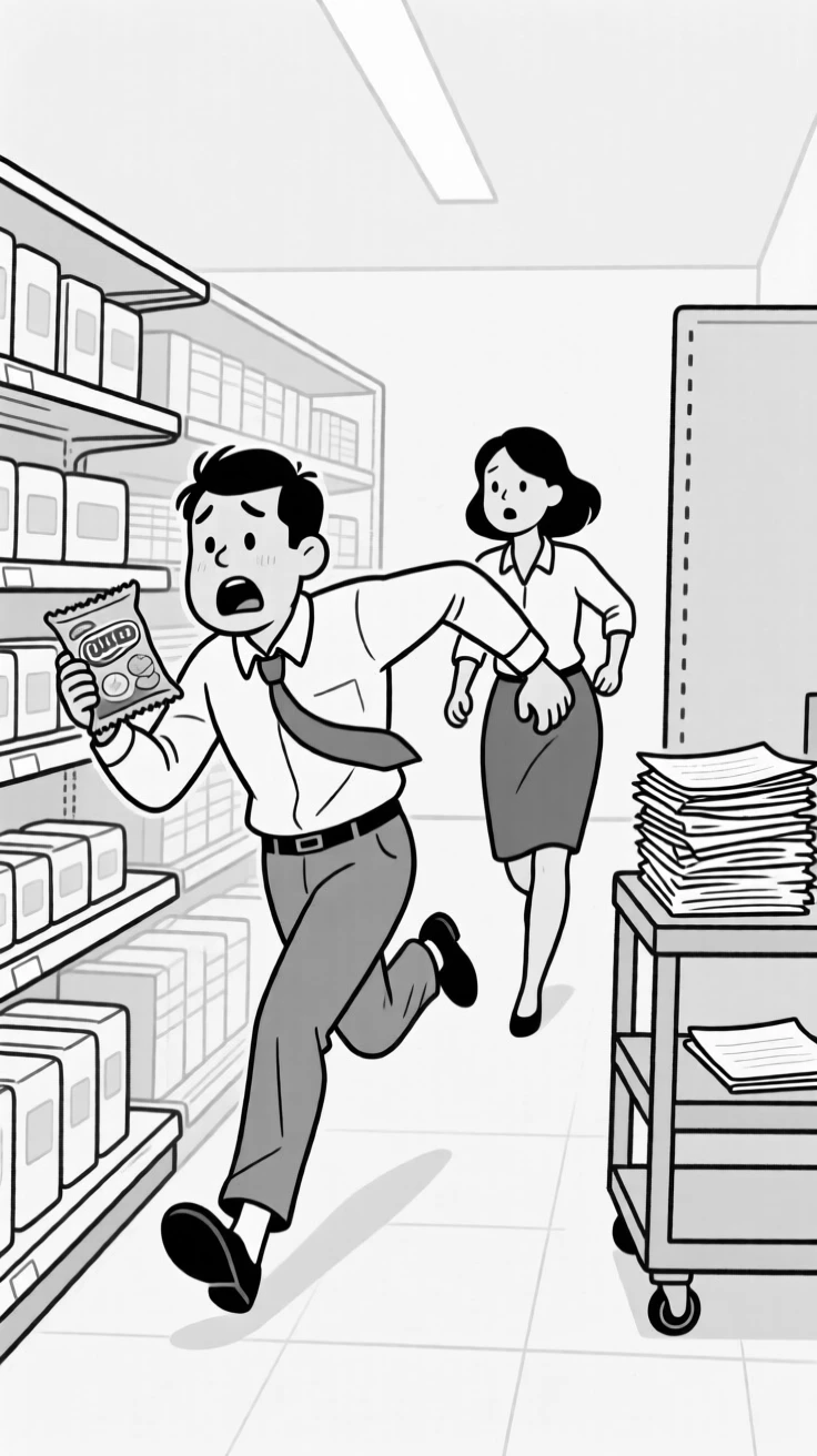 A office worker hiding a snack from a nosy coworker, flailing one arm while sprinting at full speed, set in a supermarket aisle. A stack of ungraded papers teeters nearby. It feels like a meme come to life, equal parts cringe and charm.