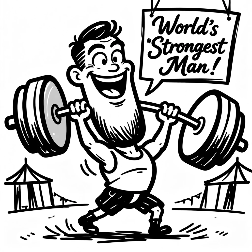 A carnival strongman effortlessly lifting an enormous barbell to the crowd's delight.