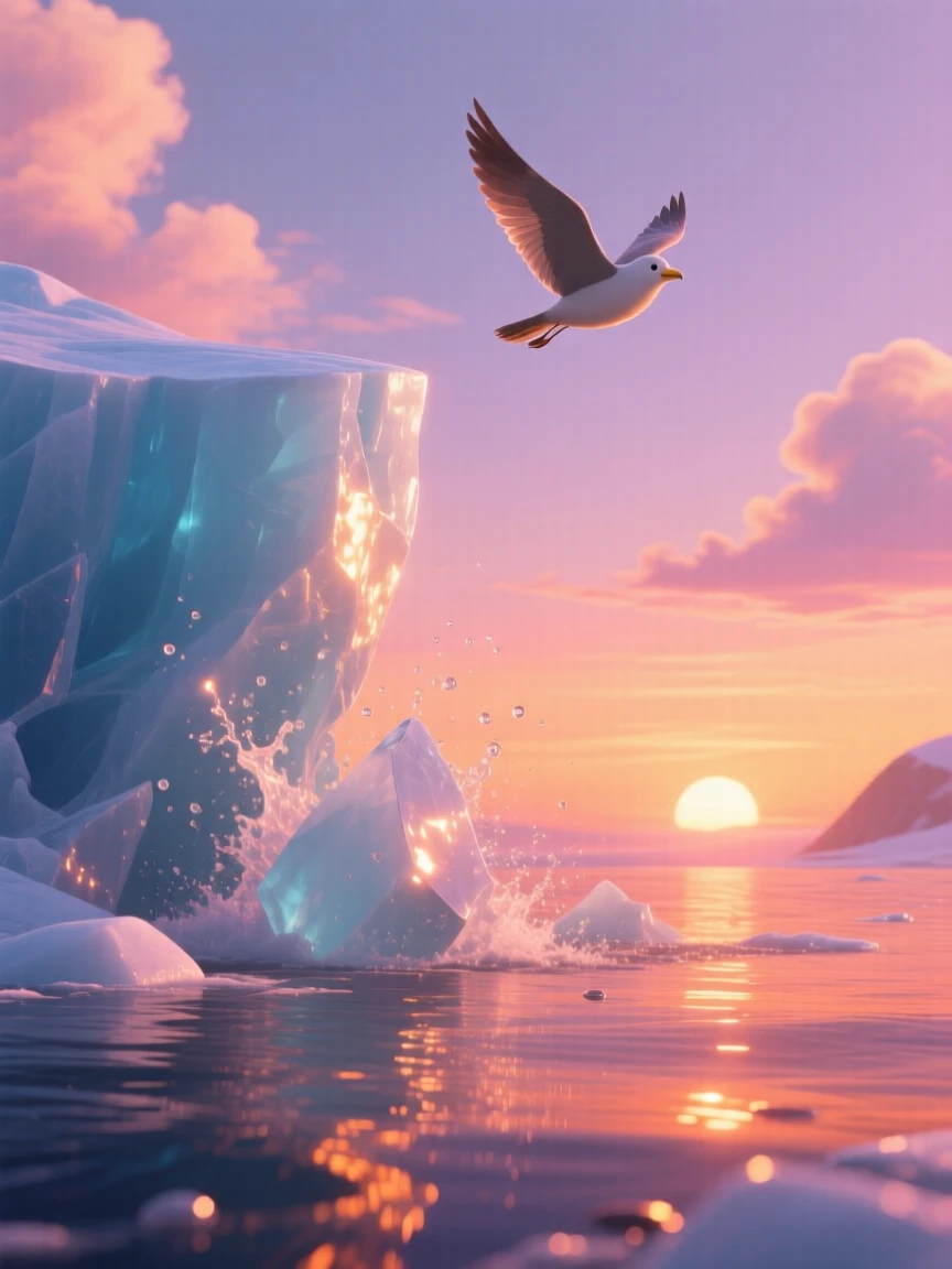 A glacier calving into the sea glows as the last light of sunset paints the sky in orange and pink, with a lone bird gliding silently overhead. The mood is serene, vast, and quietly majestic.