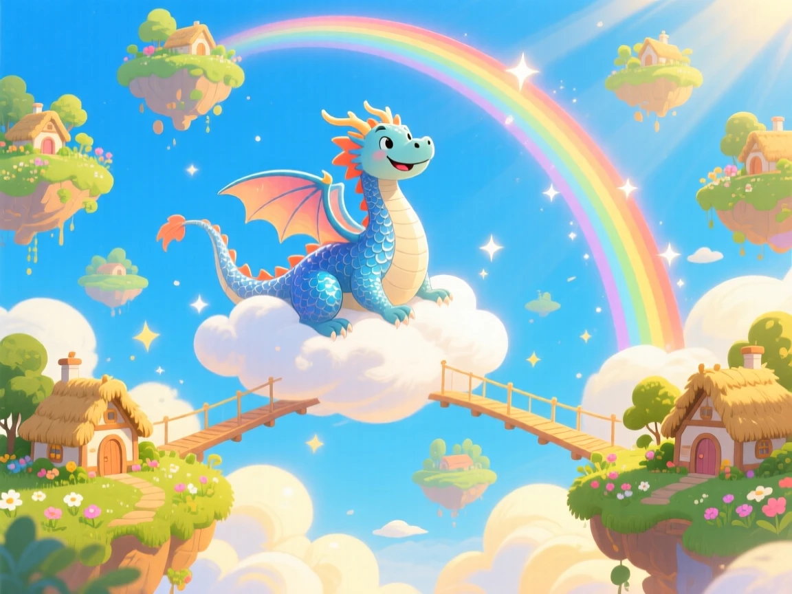 In a sky full of drifting islands, a cloud-riding dragon discovers a moment of wonder while crossing a bridge made of rainbow light, with clouds drifting lazily below.