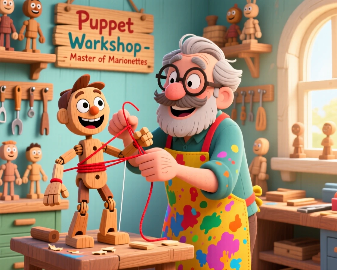 A puppet maker attaching strings to a newly carved marionette.