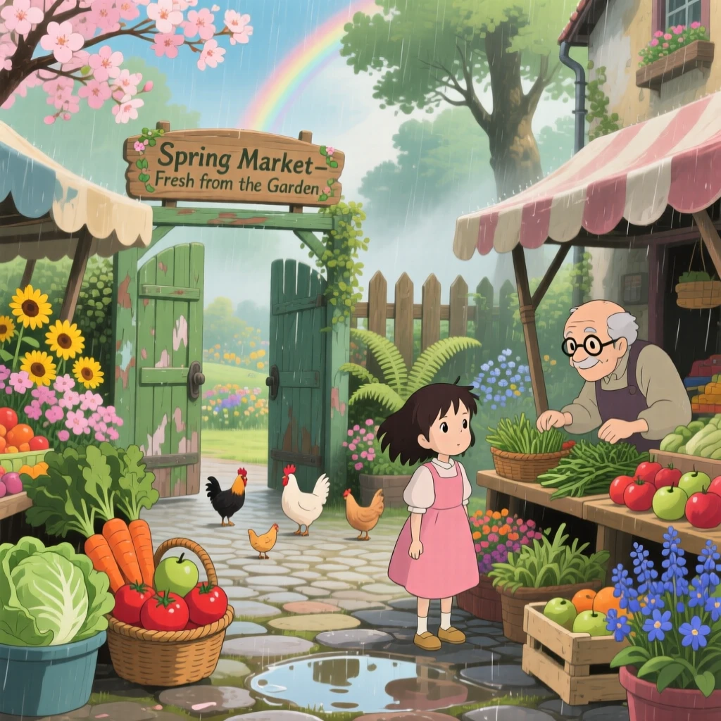 A market day with stalls of fresh produce and flowers, with chickens wandering freely near a garden gate, during a light spring shower.