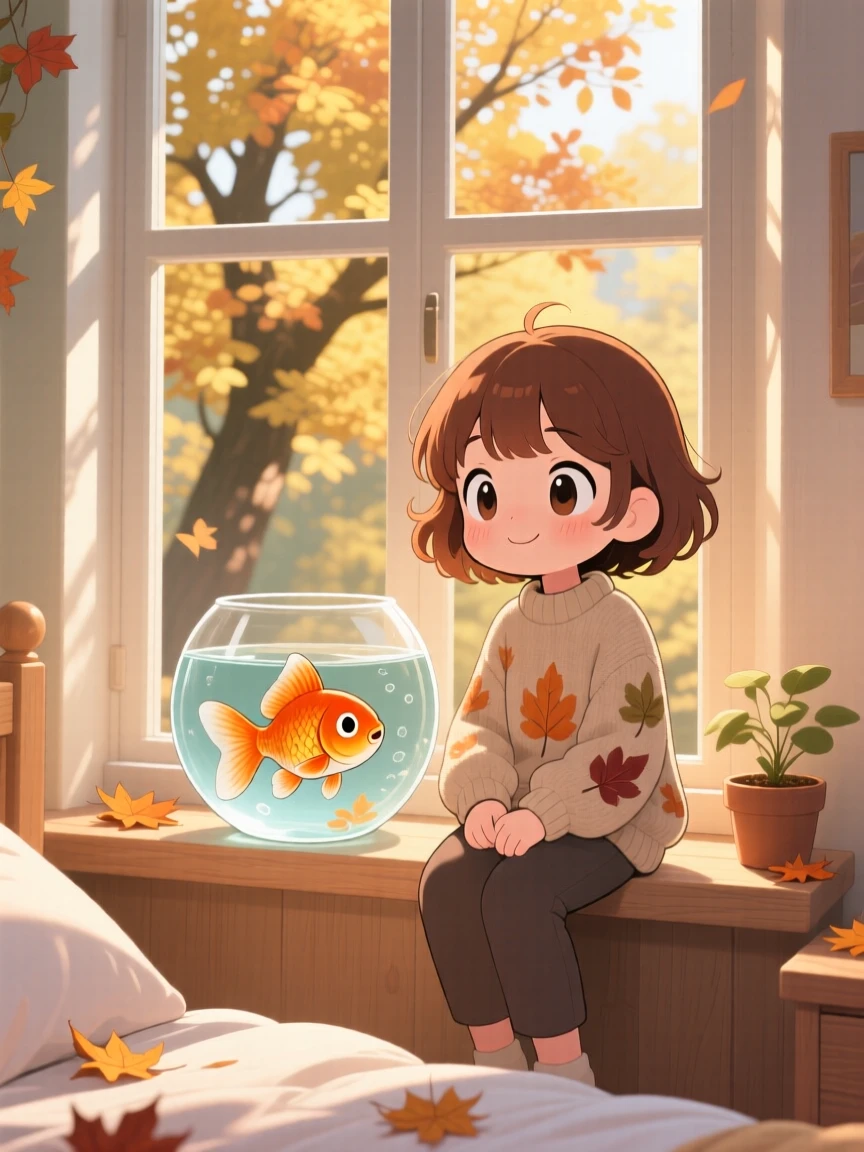 Symmetrical front-on view of a girl and her goldfish, greeting each other at the fishbowl, in a sunny bedroom windowsill, on a crisp autumn afternoon, illuminated by dappled sunlight through a canopy, radiating sleepy relaxation.