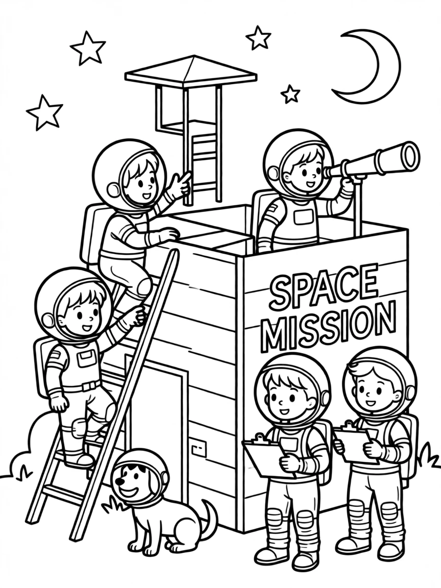 A group of children dressed as astronauts exploring a backyard rocket fort