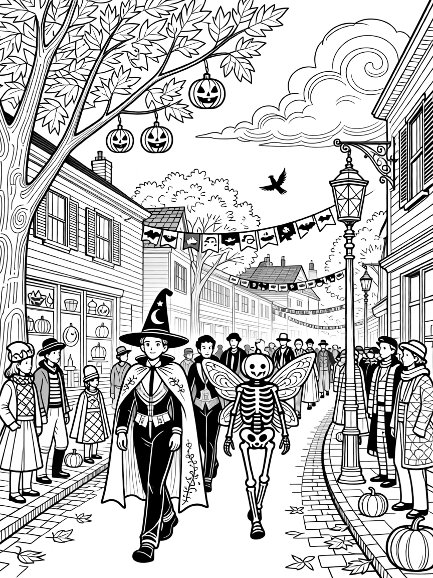 A Halloween costume parade scene winding through a small town.