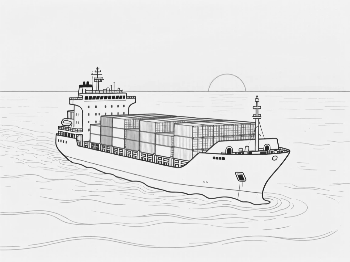 A cargo ship crossing a wide harbor at sunset