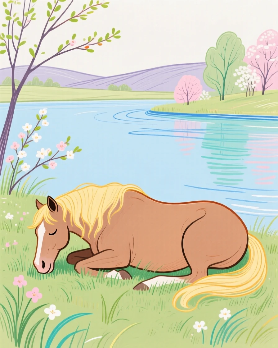 A grazing horse napping beside a still lake in early spring.