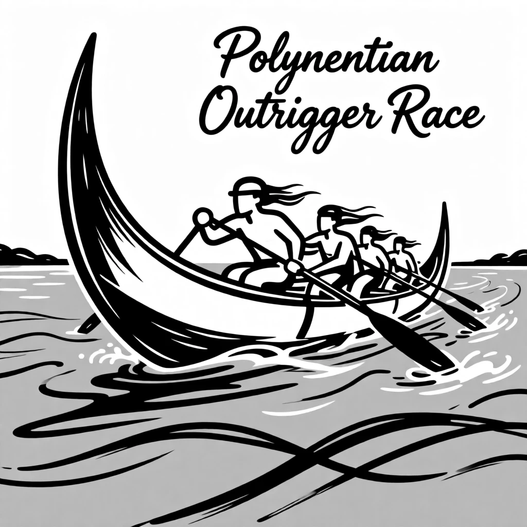 A traditional Polynesian outrigger canoe race across a turquoise lagoon.