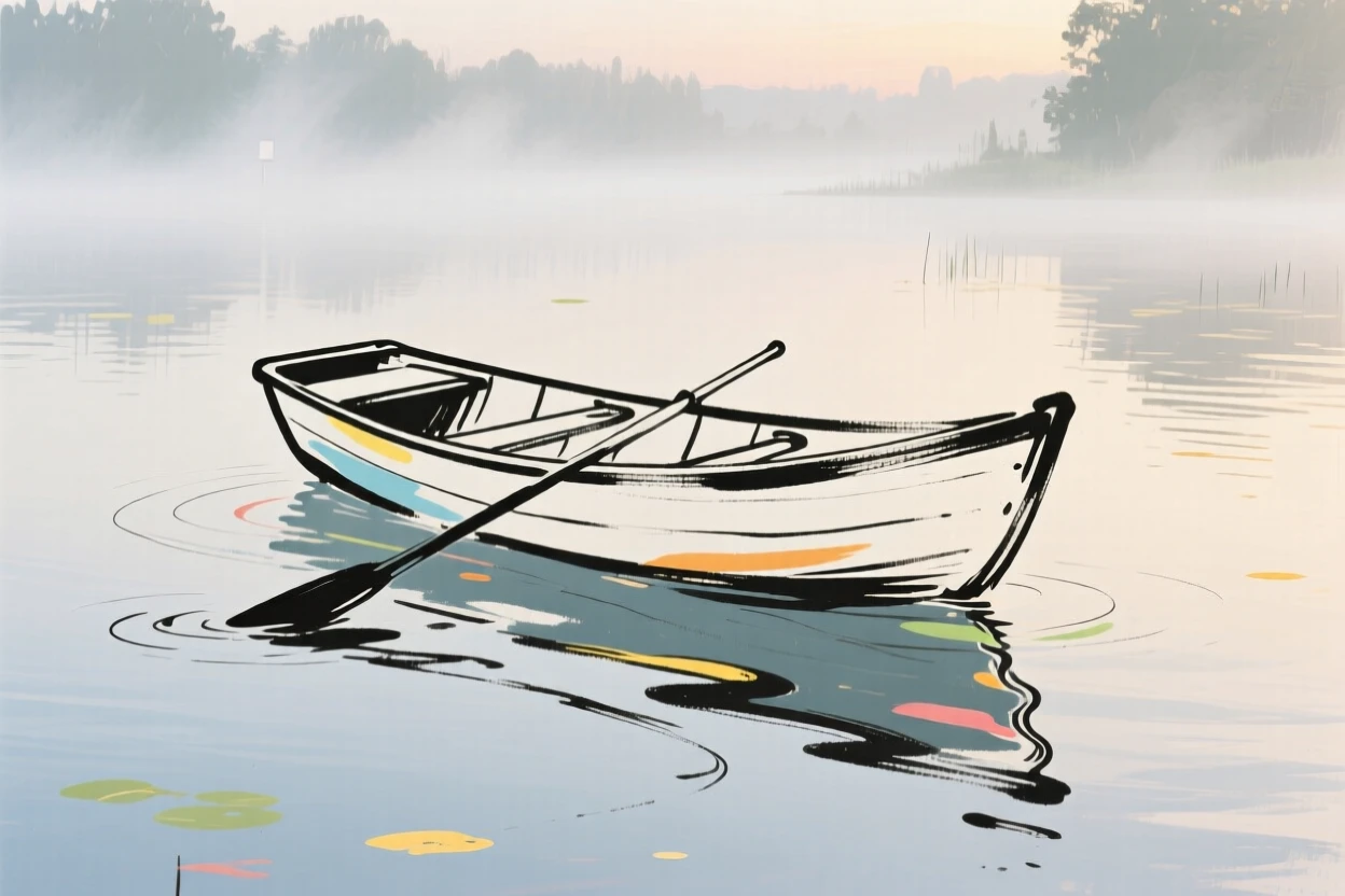 A rowboat drifting quietly across a misty morning pond.