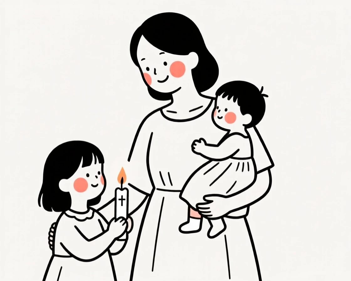 A mother and her children celebrating a baptism.