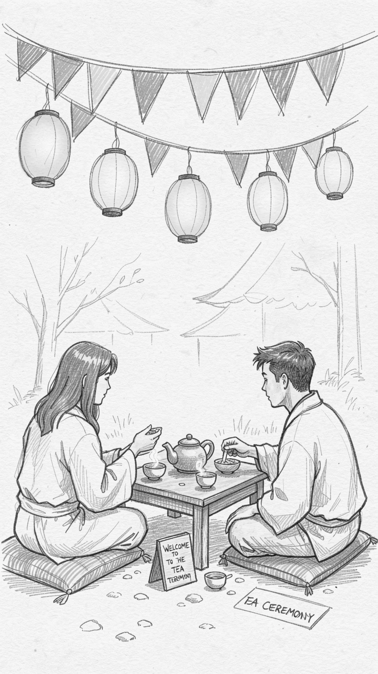 A rich travel moment capturing a traditional tea ceremony in progress beneath strings of glowing lanterns, with colorful flags strung overhead.