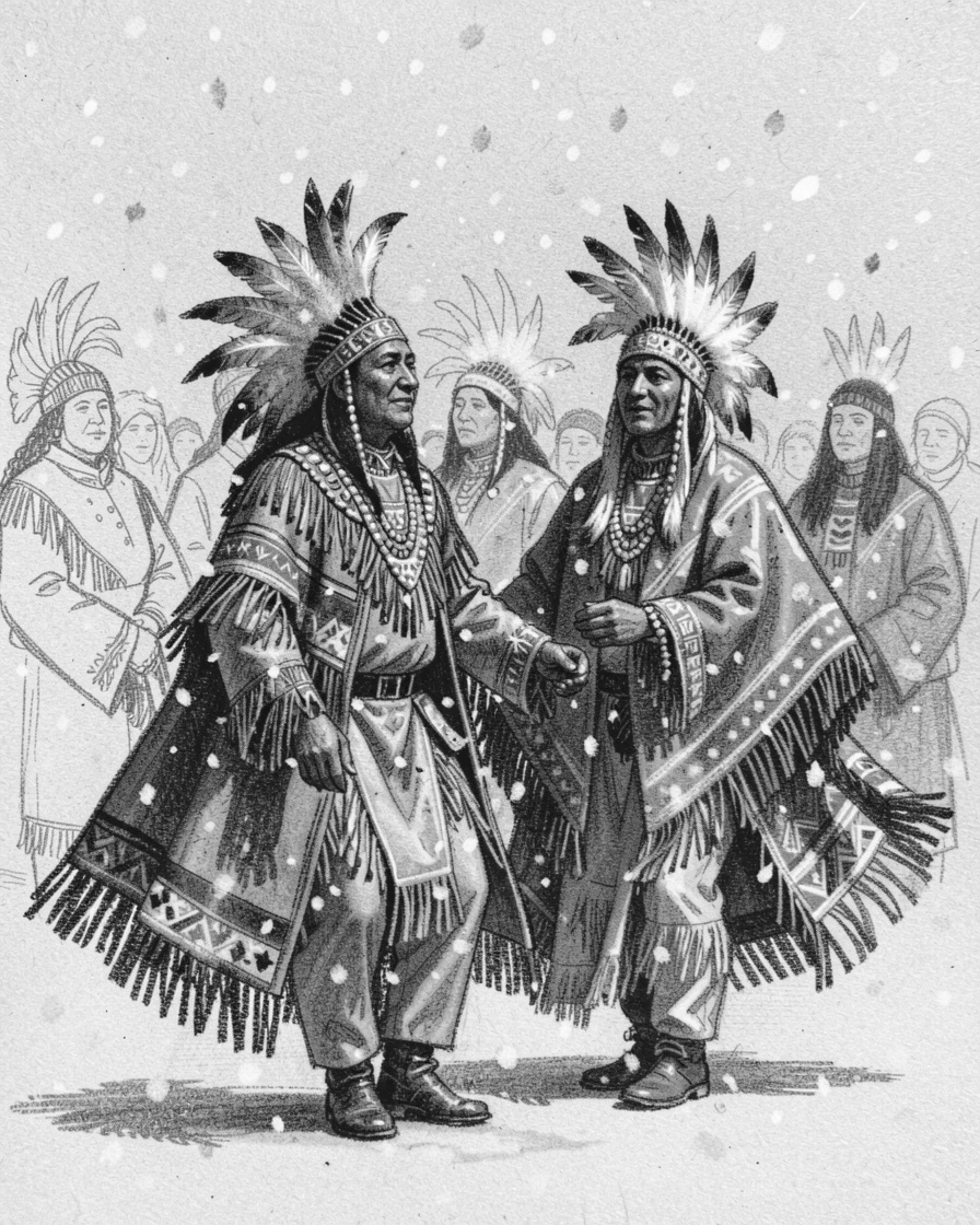 A Native American powwow with dancers in full regalia, under a soft blanket of falling snow.