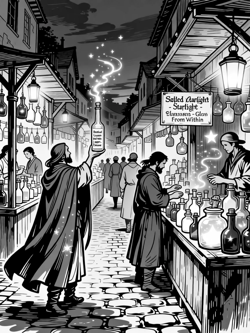 A magical marketplace where merchants sell bottled starlight and glowing potions.
