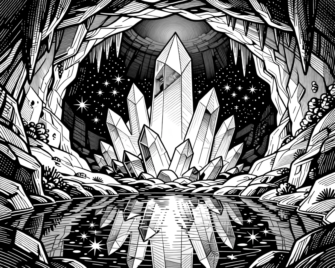 A crystal cave glowing with inner light deep within a glowing underground cavern, with reflections of starlight scattered across water, forming a majestic and mythical fantasy scene.