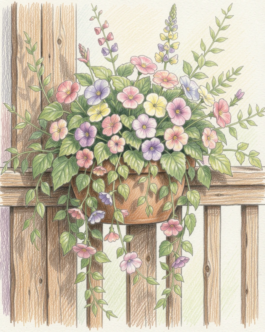 A balcony garden overflowing with trailing flowers and greenery, framed thoughtfully to draw the eye toward the central subject, perfect for anyone drawn to gentle, heartfelt imagery.
