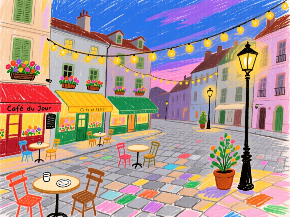 A quiet European plaza with cafes and string lights at evening.