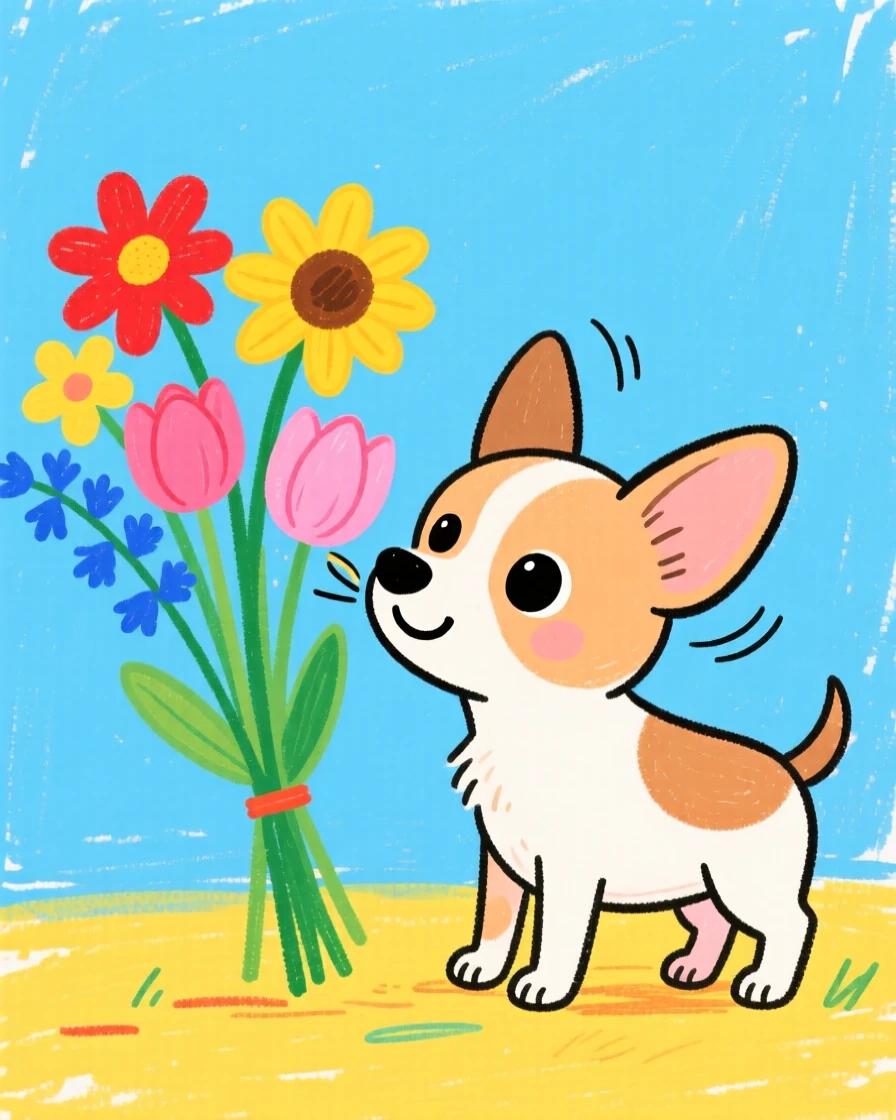 A tiny chihuahua sniffing a bouquet of fresh flowers.