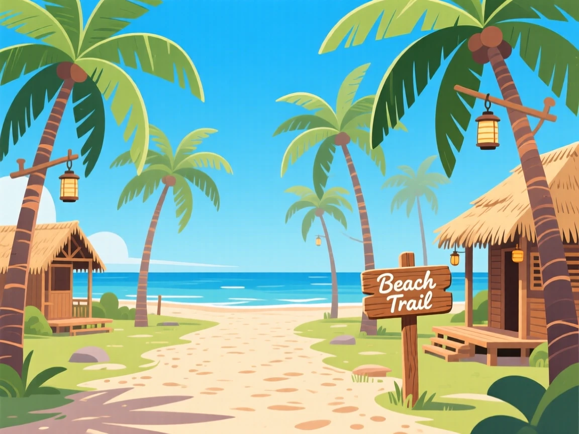 A tropical beach path lined with swaying palm trees, under a clear crisp blue sky, composed with charming architectural details in focus, with a joyful, adventurous atmosphere.