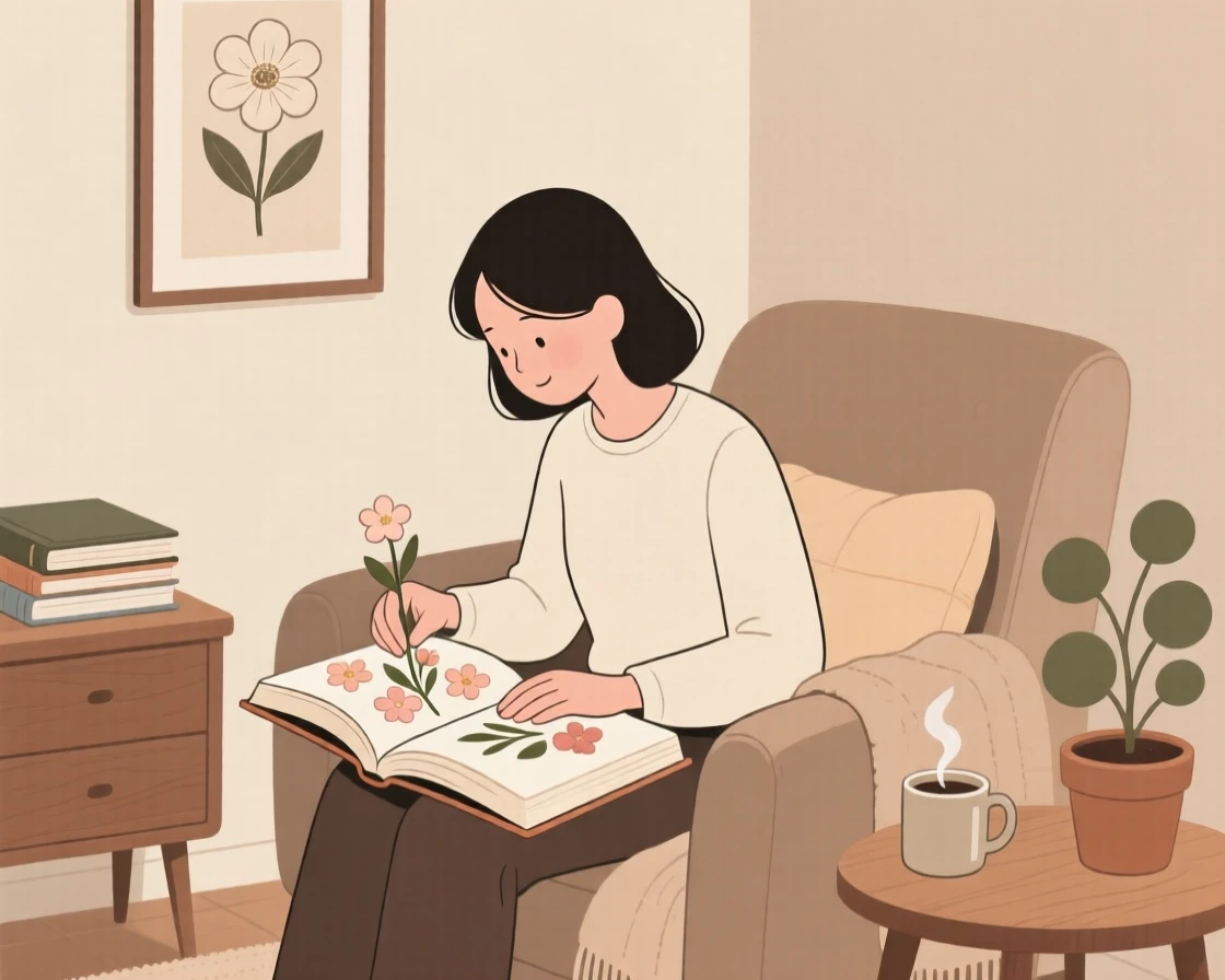 A person pressing flowers into a book in a cozy reading nook.