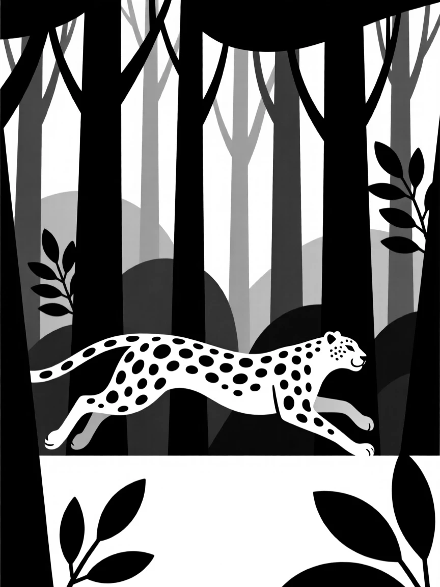 A cheetah mid-sprint emerging from a dense forest.