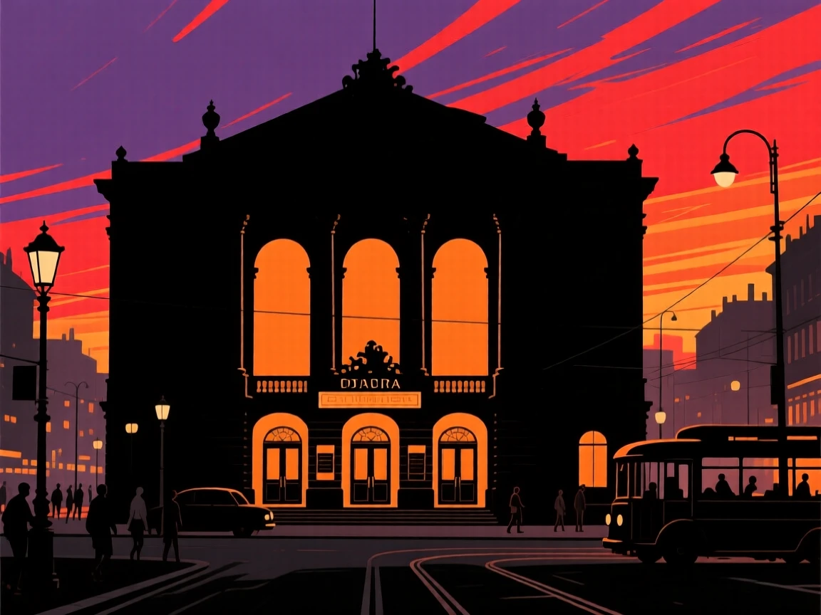 A grand old opera house facade lit up on a busy evening street.