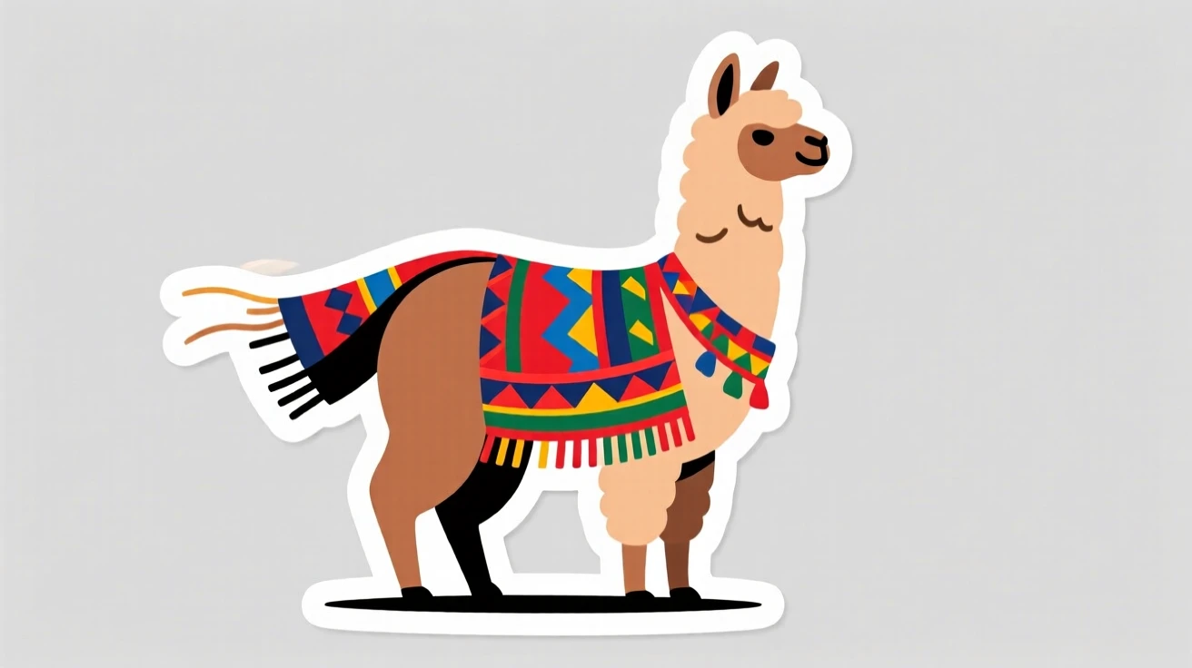 A culturally vibrant Peruvian llama wearing a woven blanket, with a gentle breeze moving through the scene, during a memorable journey abroad.