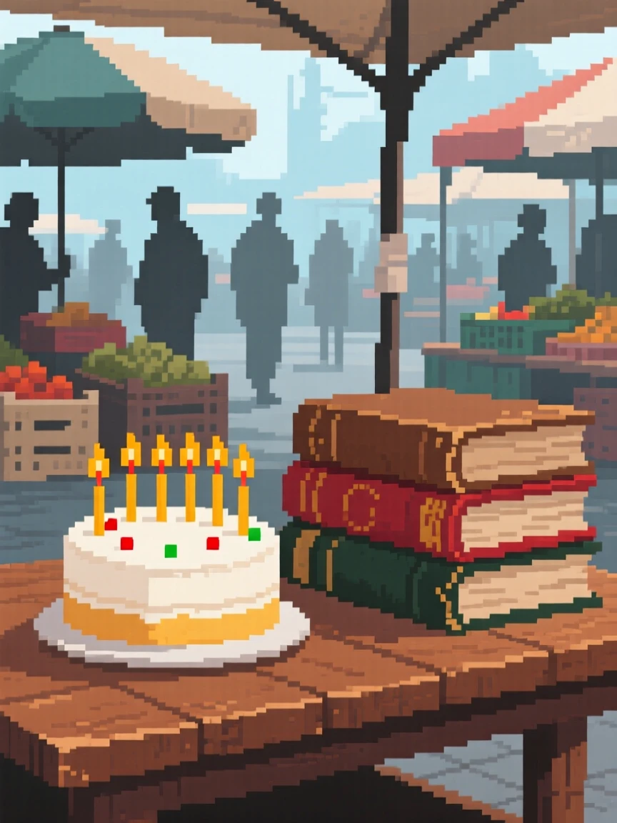 A birthday cake with lit candles resting beside a stack of old cookbooks, at a market stall on a busy morning.