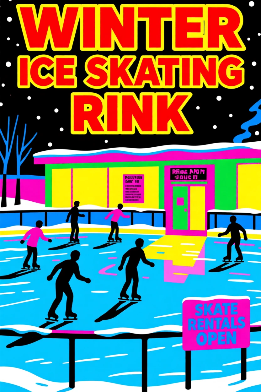 Winter ice skating rink lit up at night