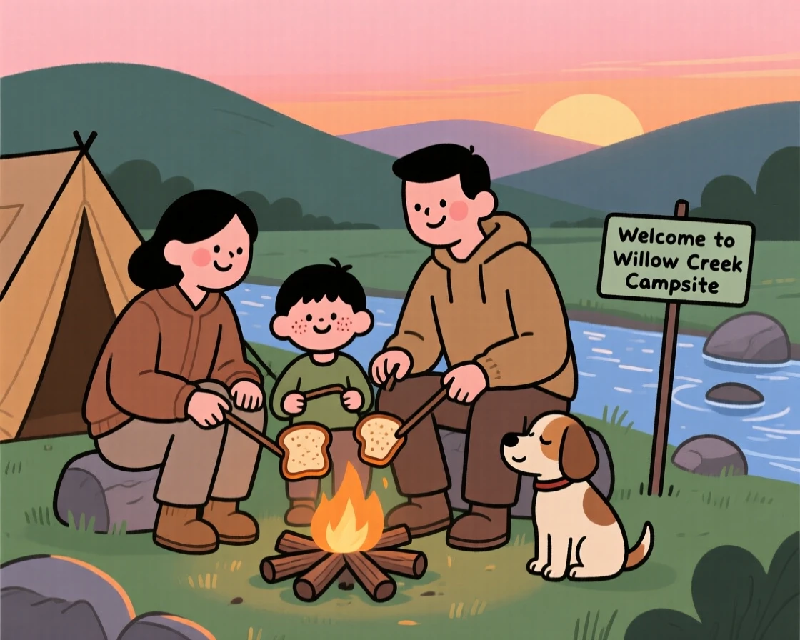 A family sets up camp beside a gentle stream as the evening glow fades behind the distant hills, toasting bread on sticks around a small fire.