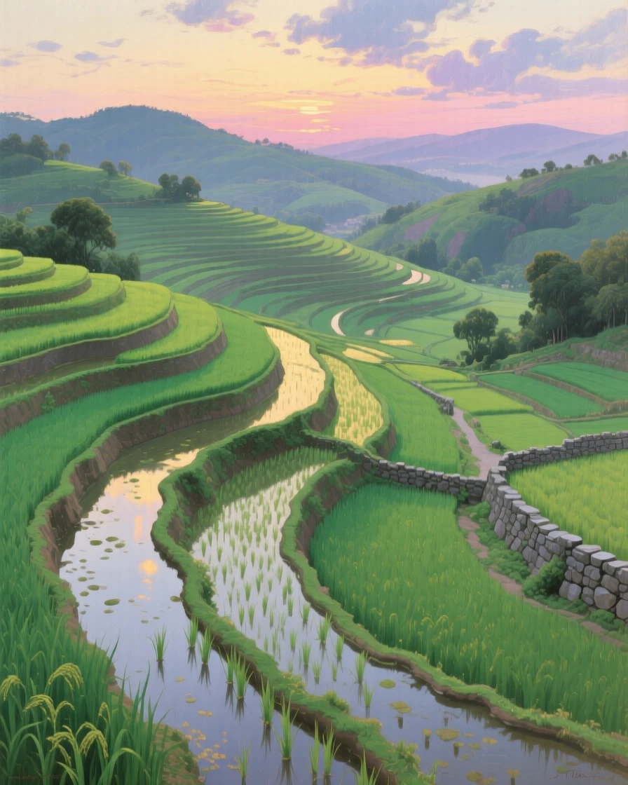 An aerial view of a terraced rice paddy glowing green under a soft sky, in the Edwardian era, at dusk.