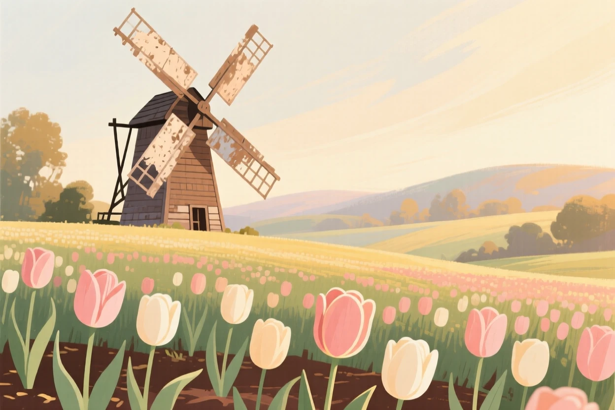 A weathered windmill turning slowly beside a field of tulips
