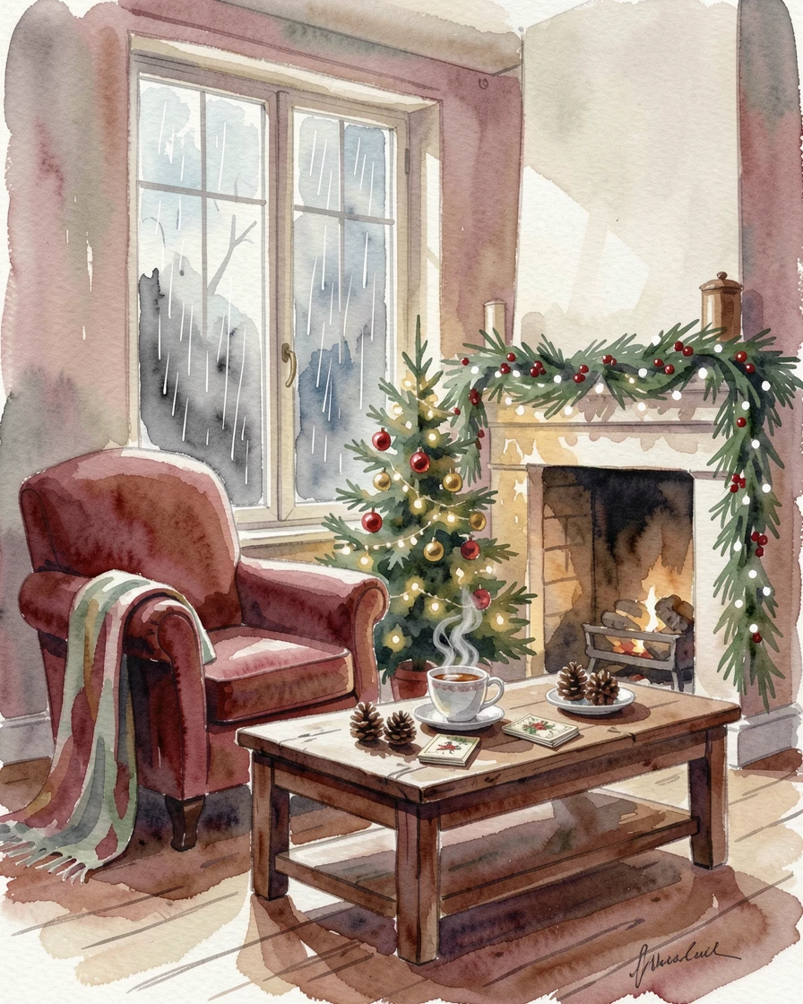 A living room decorated for the holidays with rain visible through the window.