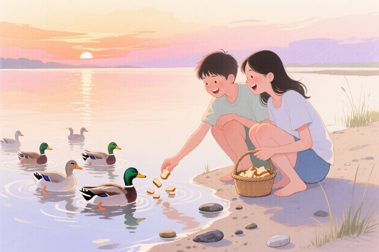 A pair of best friends feeds ducks at a quiet pond on a quiet beach at sunset, laughter and joy filling the warm afternoon air